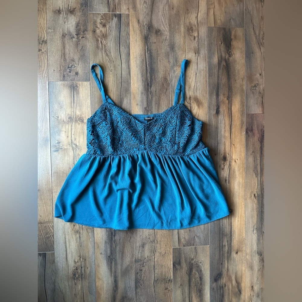 Torrid Teal Lace Babydoll Cami Tank Peplum Top Adjustable Straps Sz 1